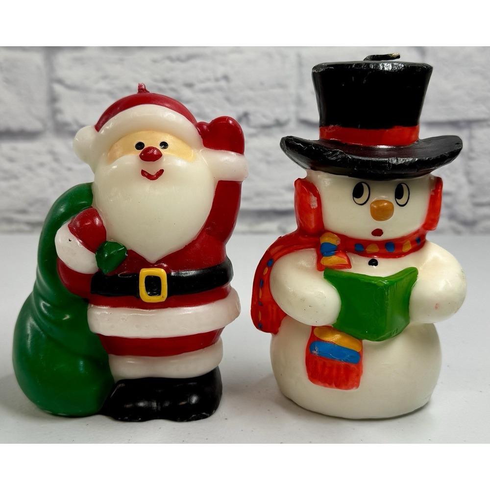 Vintage 1970's Christmas Candles Snowman & Waving Santa Holiday Winter 5"